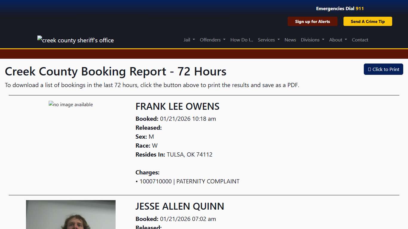 72 Hour Booking Report | Creek County Sheriff's Office
