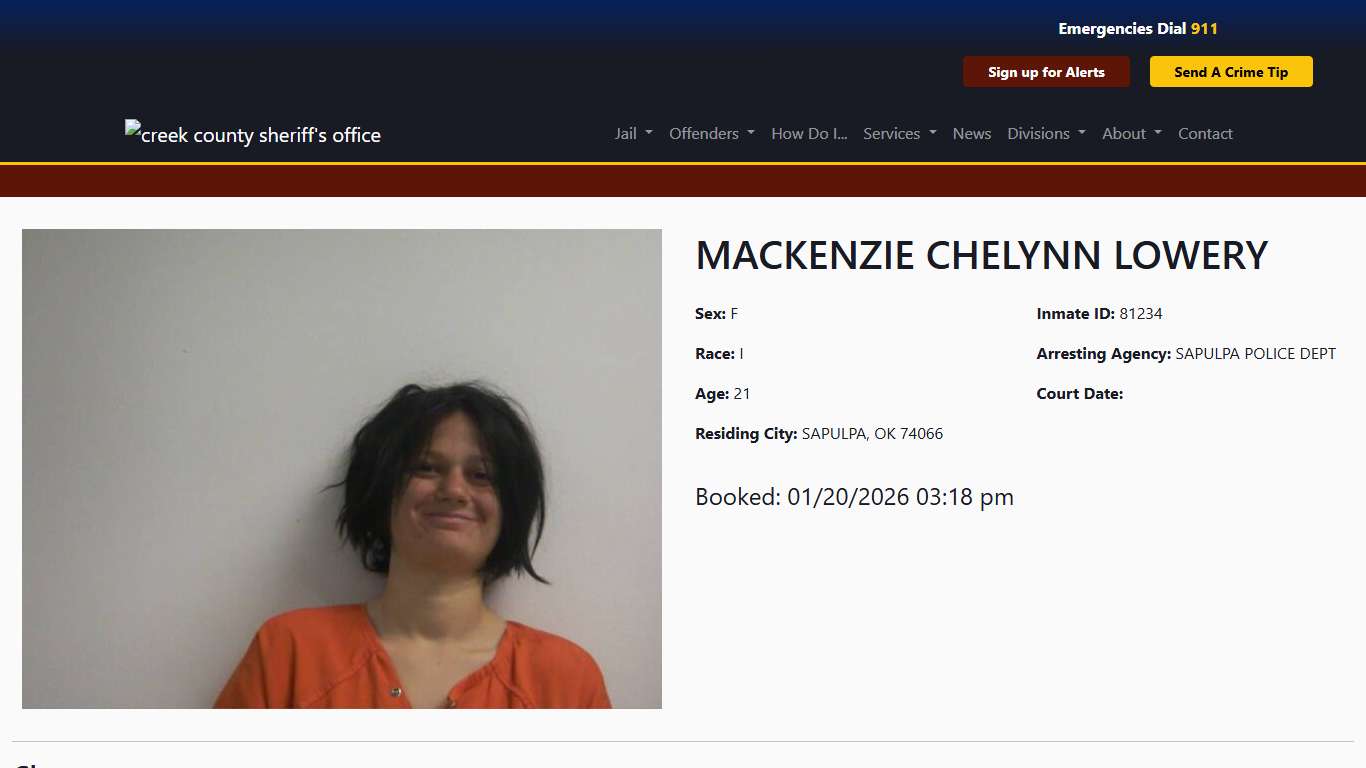 MACKENZIE LOWERY Booked at the Creek County Jail